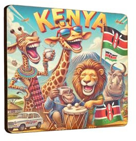Wooden Fridge Magnet - Kenya Wildlife Adventure with Giraffes, Lion, Monkey, and More (mag-kf25-2711)