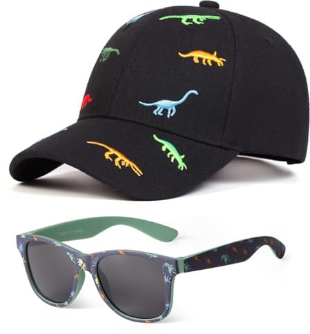 HTTDSLF Cappello Bambino e Occhiali da Sole Bambino Set, Dinosauro Cappellino da Baseball, Cappellini da Baseball per Bambini, Occhiali da Sole Bambini con Protezione UV, per Bambina 3-8 Anni