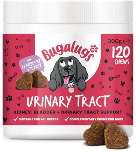 Bugalugs Urinary Tract Dog Chews helps stop dogs urinating in house & dog incontinence. supports UTI, Bladder & Kidney with Cranberry, D-Mannose & Marshmallow root. Grain free dog treats -120 chews