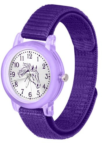 Brecjon Kinderuhr Mädchen Pferdeuhr Armbanduhr Klettarmband analog | Pferdeuhr für Mädchen mit Sunray-Zifferblatt, Pferdekopf-Silhouette, Leuchtzeigern und weichen Klettarmbändern.