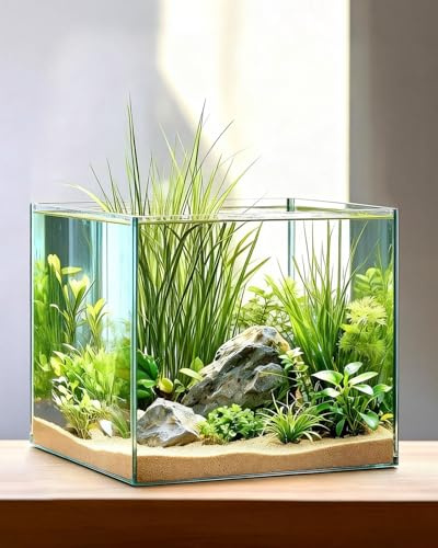 7 Gallon Clear Glass Fish Tank, Cube Aquarium Fish Bowl Ultra Clear Rimless Design for Betta Goldfish Snails Shrimp Aquatic Planting