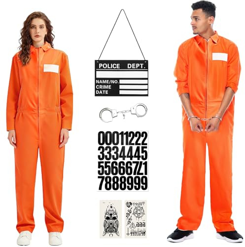 RWFMO Orange Prisoner Jumpsuit Costume Adult Prison Cosplay Outfit Women Men Prison Outfit Set with Jail Accessories Inmate Uniform