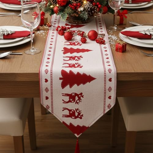 Red & White Christmas Table Runner 33×180 cm – Festive Christmas Trees & Reindeer Design – Classic Xmas Dining Table Decoration for Home, Kitchen & Holiday Parties