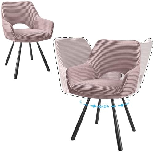 JIJIAN 2er Set 360° Drehbare Esszimmerstühle mit Armlehnen, Rosa | Drehbar Stühle Esszimmer mit Metallbeinen, Moderner Küchenstuhl aus Cord, Polsterstuhl für Esszimmer, Küche, Wohnzimmer