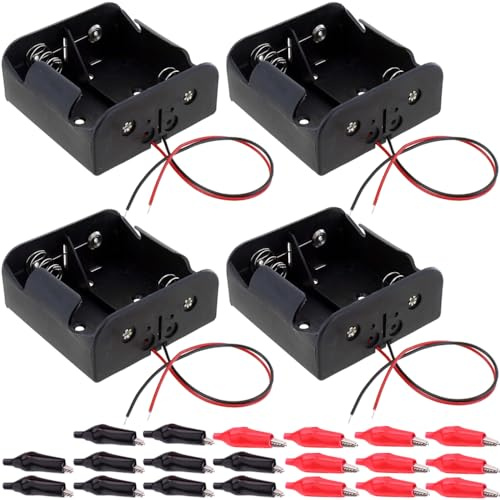 HAAMNING7 2 Slot D Cell Battery Holder with Two Wires, 70 x 70mm 3V D Size Battery Case Box with Wire Leads, With Aligator Clips (4 Pack)
