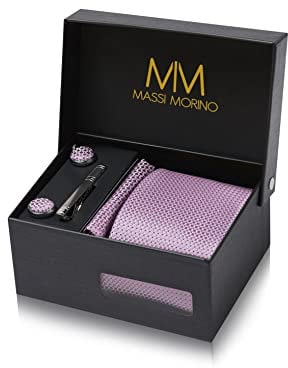 Massi Morino Krawatte Lila Kariert mit Einstecktuch Set Herren inkl. Manschettenknöpfe, Krawattennadel und Geschenkbox - Männer Krawattenset