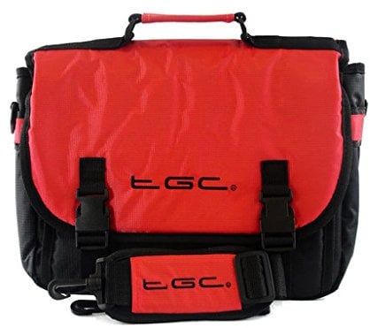 New TGC ® Messenger Style TGC Padded Carry Case Bag for The ieGeek 12.5 Portable DVD Player (Crimson Red & Black)