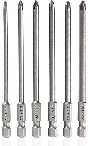 Saipor 6 Stück 150mm Lange Kreuzschlitz-Schraubendreher-Bits Set S2 Stahl Kreuzkopf Bit 6,35mm(1/4 Zoll) Sechskantschaft Magnetische Schraubendreher Bit Set PH1 PH2