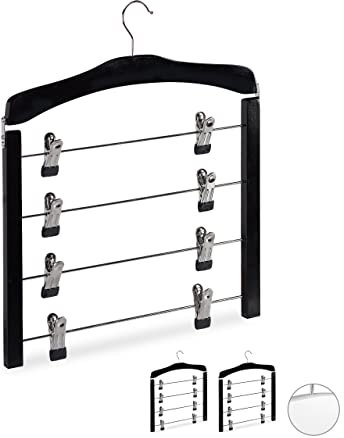 Relaxdays Set da 3 Grucce Multiple Salvaspazio, Gancio Girevole a 360°, con Pinze, Gonne e Pantaloni, Legno, Nere