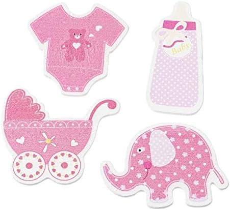 Holz Streu-Deko Streu-Teile Konfetti Holz-Sticker BABY GIRL rosa pink Flasche Kinderwagen Body & Elefant Tisch-Deko Baby-Party Taufe Geburt Mädchen Bastelzubehör 3 Beutel = 36 Streuteile