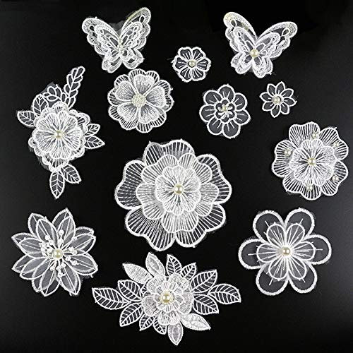XUNHUI Weiß 3D Blumen-Stickerei Applikation Perlen-Tüll DIY Hochzeit Kleid Nähen Kleidung Applikation Spitze Kostüme Dekoration Patch 1 Set / 12 Stück