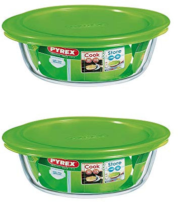 Pyrex Microwave Safe Classic Round Glass Dish with Vented Lid 2.3Litre Green (Pack of 2)