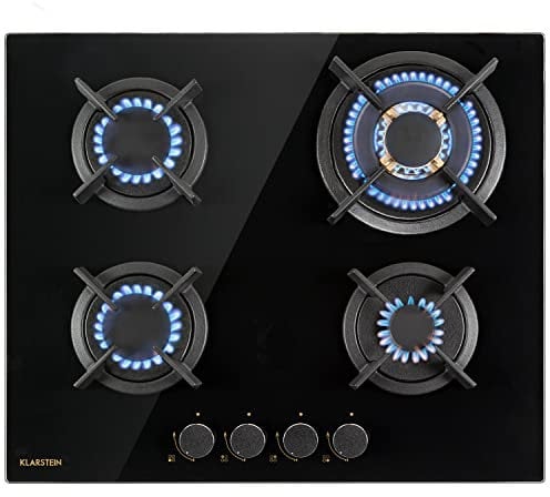 Klarstein Cocina de Butano, Placa 4 Fuegos 8000W, Vitrocerámica Integrada para Cocina, Encimera de Fogones con Base de Vidrio y Acero Inoxidable