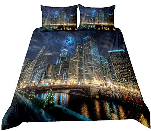 Stillshine. 3D Bettwäsche-Set Stadt Nacht Dubai Chicago Aussicht Wolkenkratzer Verkehrsstraße Muster Mikrofaser Bettbezug und Kissenbezug (Farbe 2, 135 × 200 cm)