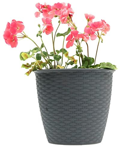 St@llion 20cm Plastic Round Rattan Style Garden Flower Plant Pots Indoor Outdoor Modern Décor Planter Circular Plastic Garden Flower Plant Herb (Grey)