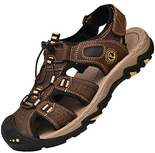 Lvptsh Men's Sports Outdoor Sandals Closed Toe Summer Beach Shoes Leather Casual Trekking Hiking Outdoor Sandals,Brown,UK11
