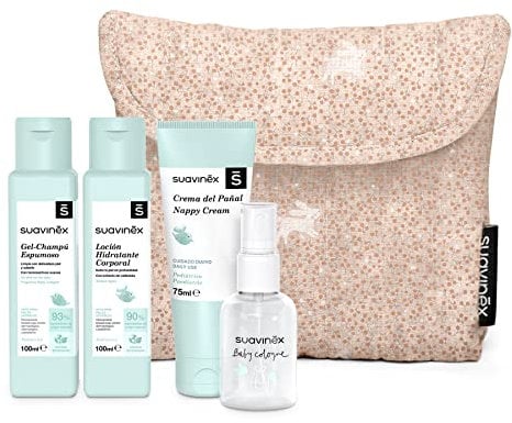 Suavinex, Neceser para Bebés de Tela, Set Regalo Bebé Recién Nacido con Cosmética: Gel Champú 100 ml + Loción Hidratante 100 ml + Crema Pañal 75 ml + Baby Cologne 50 ml. Formato Viaje. Coral