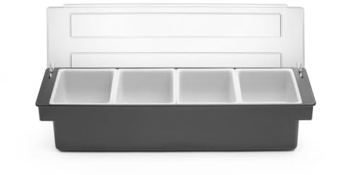 HENDI Zutatenbehälter, Schwarzer ABS Kunststoff mit transparentem Polykarbonat Deckel, mit 4 weißen Polypropylen Kunststoffeinsätzen, 480x150(H)100mm