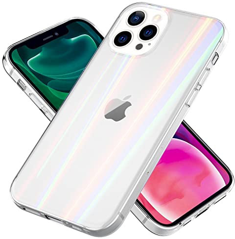 NALIA Clear Tempered Glass Cover compatible with iPhone 13 Pro Case, Transparent Rainbow Effect Anti-Yellow Scratch-Resistant Hardcase & Silicone Bumper, Holographic Colorful Shiny Limpid Phonecase