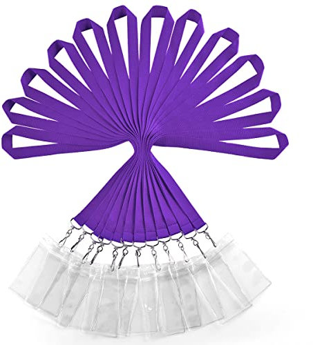 Lot de 12 cordons avec porte-carte d'identité, cordons tour de cou durables arc-en-ciel avec supports transparents imperméables en vrac, violet