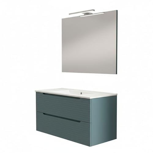 Kibath Mueble de baño con Lavabo, Espejo y Aplique LED Boreal 80x45 cm Acabado Azul Oceano Mate 2 cajones suspendido
