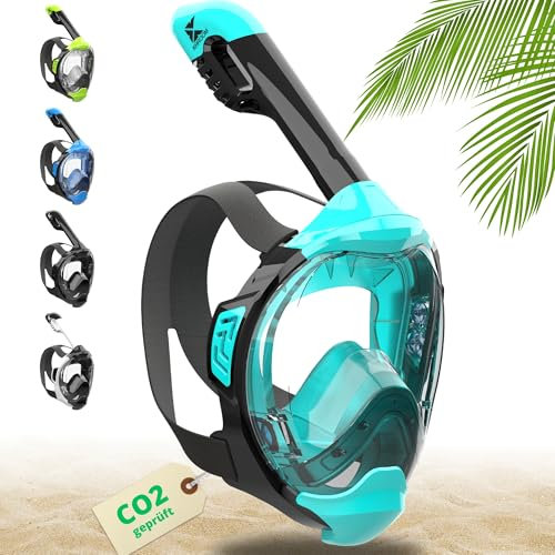Khroom Schnorchelmaske Erwachsene & Kinder ab 3 Jahre | CO2 sicher | Vollgesichtsmaske mit Easy-Breath System | Schnorchelset Alternative | Seaview Y Tauchmaske Erwachsene / Kinder (S/M Türkis)