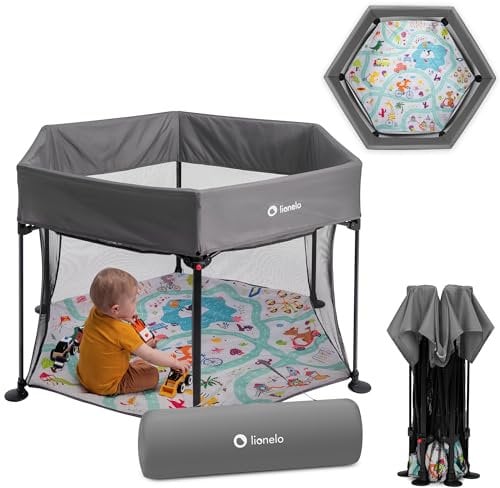 LIONELO Roel Laufstall Baby bis zu 15 kg, Großformat 118 x 118 x 83 cm, sechseckige Form, LockGuard Faltschloss, verstärkte Basis, rutschfeste Fußkappen, Schutztasche (Grau)