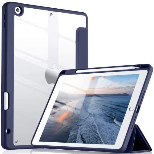 Vobafe Transparentes Hülle für iPad 9 8 7 Generation 10,2 Zoll (2021/2020/2019 Modell) mit Stifthalter, Stoßfeste Schutzhülle mit Klare Rückseitenschale, Marine
