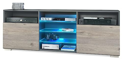 Vladon TV-Board Granada, Lowboard mit 2 Türen und 6 offenen Fächern, Korpus Anthrazit matt, Fronten in Eiche Nordic mit RGB LED-Beleuchtung (146 x 54 x 35 cm)