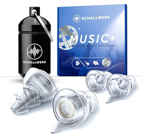 SCHALLWERK ® Music+ | Unauffällige Gehörschutz Ohrstöpsel – dämpfen Lärm & erhalten Tonqualität – Ohrenstöpsel transparent - Earplugs geeignet für Musik, Festival, Arbeit & Lernen