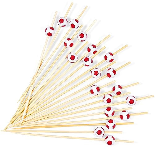 BRUBAKER 50 Stück Cocktailspieße Fußball Rot - 12 cm Party-Picker Holzspieße für Fingerfood, Snacks, Obst, Kuchen, Vorspeisen und Cocktails - Holz Spieße Partydeko für Weltmeisterschaft
