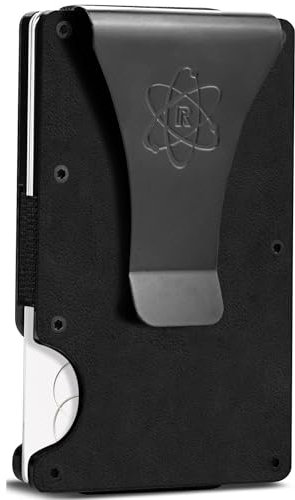 ROSSM Portafoglio da uomo con blocco RFID - Porta carte di credito da uomo, in fibra di carbonio e metallo, con clip e fascia elastica per banconote, cuoio nero, Money Clip, Minimalista