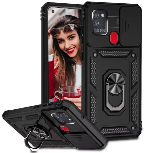 POUHYE Handyhülle für Samsung Galaxy A21s Hülle, [Slide Camera] Hybrid Militärqualität Stoßfest Bumper Outdoor Handyhülle mit 360° Drehbarer Metall Ring Ständer Schutzhülle Case Schwarz