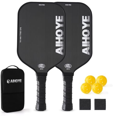 Aihoye Pro Palas de Pickleball - Raw T700 Superficie Texturizada de Fibra de Carbono (CFS) con Grano Alto y Giro, Juego de 2 paletas de Pickleball con núcleo de Panal de Polipropileno de 16 mm,