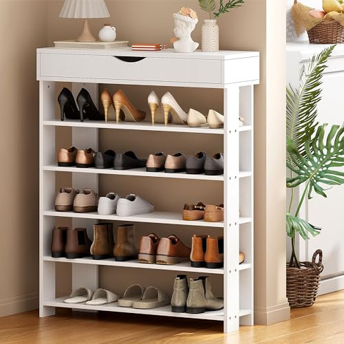 soges 5 Ebenen Schuhregal Schuhschrank Holz, 75 x 30 x 94,5 cm Schuhablage Schuhständer für Wohnzimmer, Diele, Flur, weiß