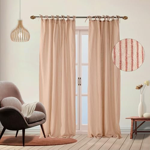 THE ART BOX Gaze Vorhänge – Gestreifte Boho-Leinenoptik, Krawatten-Top, Lichtfilternd, Tür- und Fensterbehandlung, 2 Vorhang-Panels, Kastanienbraun auf Beige(228,6 x 106,7 cm pro Panel)