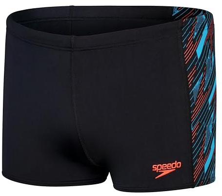 Speedo Men's Hyperboom Panel Aquashort | Swim Training | Fitness | Chlorine Resistant Swimwear, Black/Picton Blue/Siren Red, 36/13