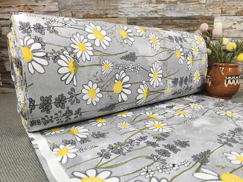 240cm Breit Meterware ab 50cm Popeline Baumwolle Stoff Baumwollstoff Kinderstoffe Stoffe Blumen Margeriten Babystoffe Ranforce Bastelstoff ÖKO-TEX VP0B047 (Grau)
