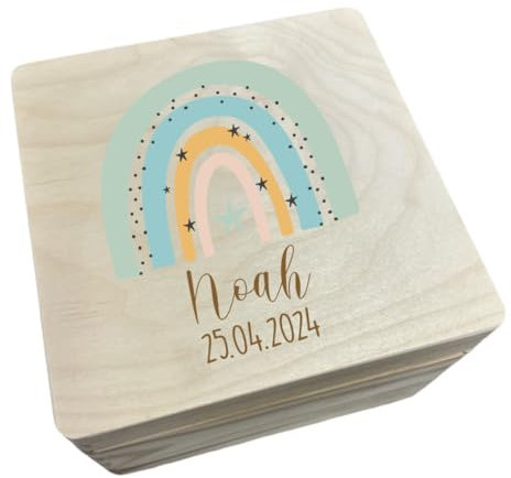 minimutz Erinnerungsbox Baby - Personalisiert mit Name - Erinnerungsbox mit Regenbogen Sterne und Gravur - Holzbox mit Deckel S (20x20x14 cm)