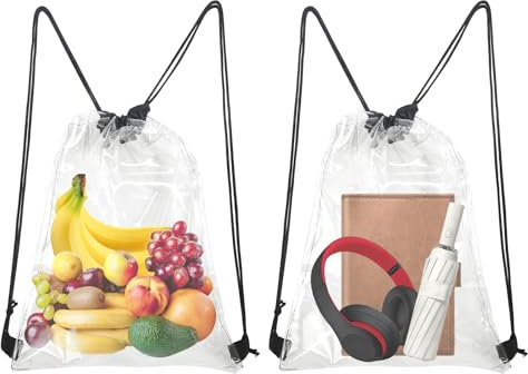 DELAESI 2 Stück Durchsichtiger Rucksack Verstellbarer Transparenter Turnbeutel Unisex Festival Beutel mit Kordelzug Durchsichtige Tasche für Schule Outdoor Reisen