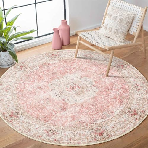 Castage Runder Teppich, rosa, 122 cm, rund, waschbar, für Schlafzimmer, Badezimmer, Eingangsbereich, Boho, Vintage, Bohemian-Stil, orientalisch, Blumenmuster, rutschfest, Rouge