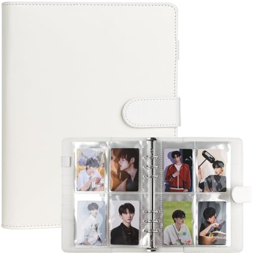 A5 Kpop Photocard Binder, 6 Ring Binder Album mit 200 Kartenfächern, PU Leder Bindereinband mit Magnetverschluss für die Organisation von Sammelkarten - Weiß