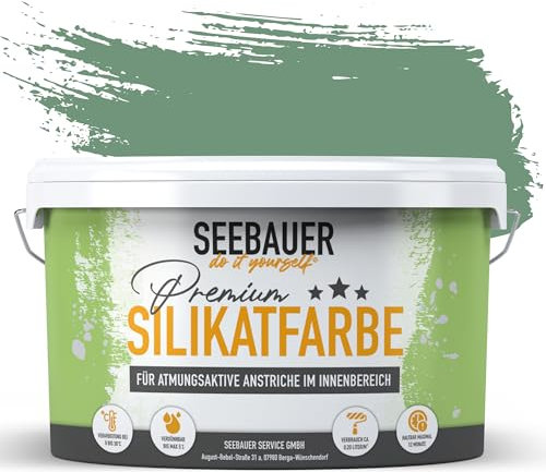 SEEBAUER diy Silikatfarbe Grün 5L für Innen (No. 754 Lime Tingle) Atmungsaktive Mineralfarbe für Allergiker - Abwaschbare Wandfarbe - Grüntöne hohe Deckkraft