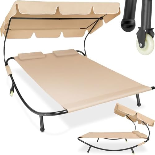 tectake Sonnenliege, Doppelliege, Outdoor Liege für 2 Personen, Gartenliege mit Sonnendach, Relaxliege, Sonnenliege mit Dach, inkl. 2 Kissen, ideal für Garten oder Balkon - schwarz/beige