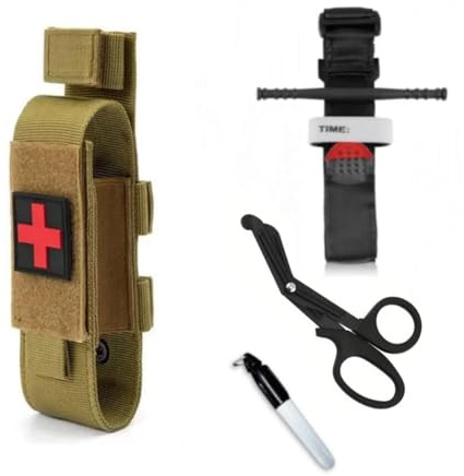 Pack Torniquete Táctico Botiquín de Primeros Auxilios para Hemorragias Emergencias en Senderismo Militar Enfermero Policía Montaña Control Pérdida Sangre con Tijeras Funda IFAK Color Árido/Caqui