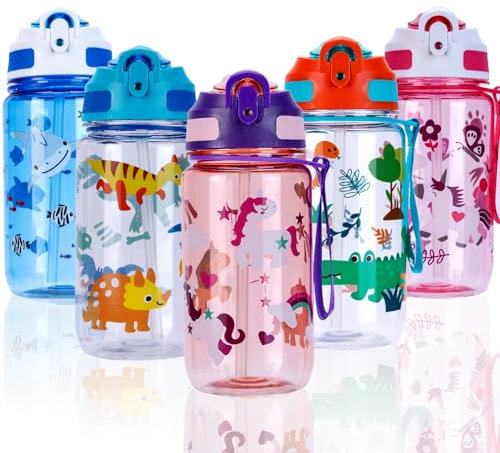 SUPPRU Water Bottles with Straw & Handle,600ml Kids Drinks Bottle for School,Leakproof Children's Bottle BPA free Sport Bottles (Purple-Unicorn)
