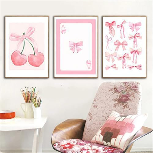 3er Rosa Aura Poster Set, Rosa Aesthetic Bilder Schlafzimmer Teenager Mädchen, Modern Premium Stilvolles Aquarell Schleife Kirsche Bilder Wanddeko Wandbilder Wohnzimmer (#03, 30x40 cm, Ungerahmt)