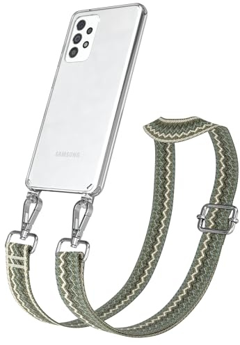 EAZY CASE Handykette - Verstellbares Taschenband kompatibel mit Galaxy A52, Schulterriemen, Handykordel mit Silikon Hülle, Umhängetasche, Grün Beige Silber