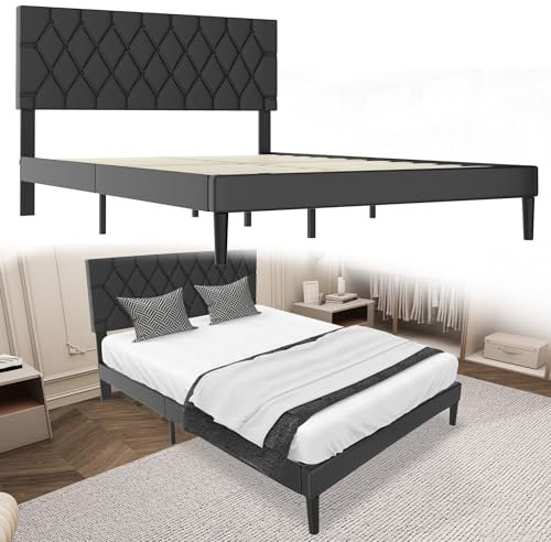 Suusolny Polsterbett Bettgestell mit Kopfteil aus Leder und Lattenrost Einzelbett Doppelbett Einfache Montage mit Installationstools Bettrahmen Bis 300KG Schwarz 140 x 200 cm