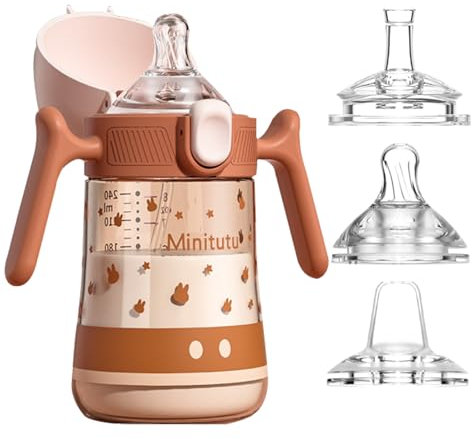 Tasse d'apprentissage pour Bébé, Biberon à Paille Enfant anti-débordement, Gobelet à jet souple étanche 240ml/8oz, avec 3 types de becs en silicone, sans BPA (Brun)